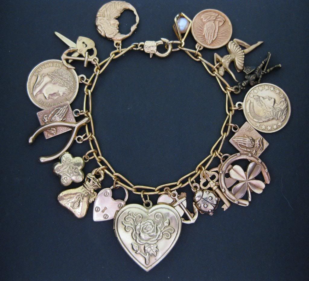 LOVE LUCK FAITH FORTUNE VINTAGE CHARM BRACELET & NECKLACE Brass Gold P