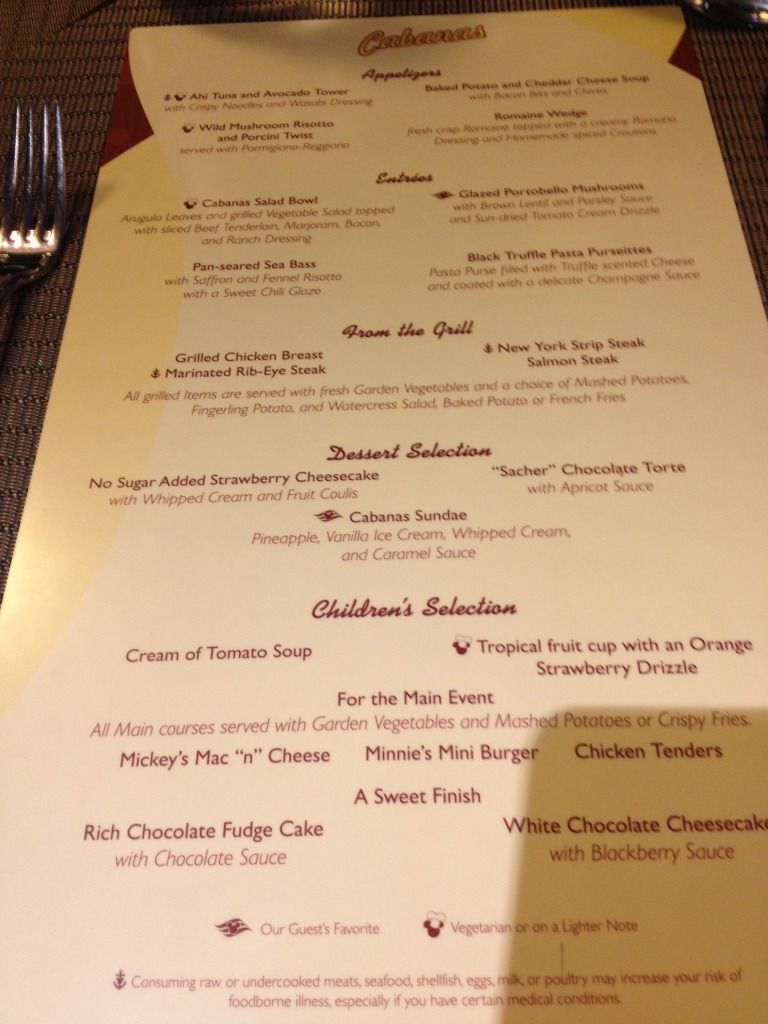 cabanas disney dream table service dinner menu